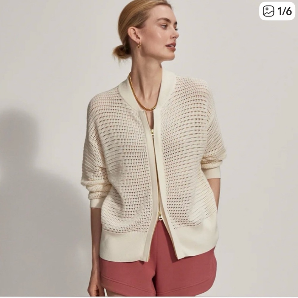 Varley crochet knit cream bomber jacket